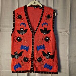 Vintage One Resource Womens Orange Halloween Sweater Vest‎ Medium Bats Spiders